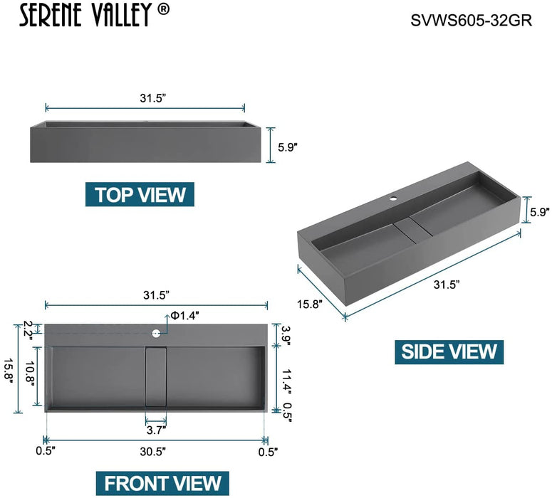 Serene Valley 32" Floating or Countertop Bathroom Sink, Single Faucet Holes with Hidden Drain, Solid Surface Material in Matte Gray, SVWS605-32GR