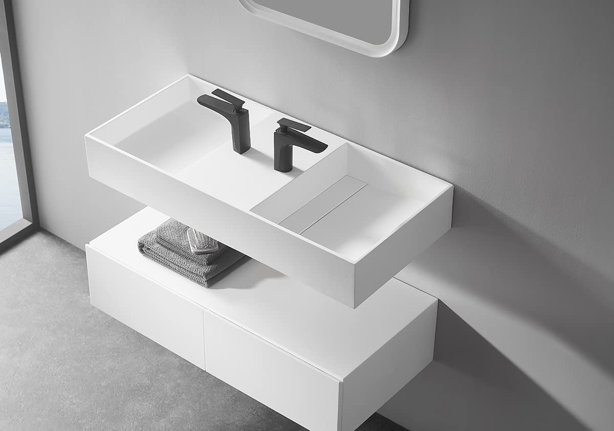 Serene Valley Floating or Countertop Bathroom Double Sink, Two Faucet Holes with Hidden Drain Design, 40" Solid Surface Material in Matte White, SVWS608-40WH