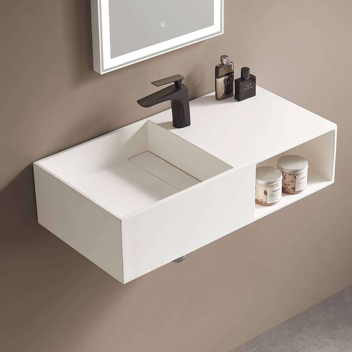 Serene Valley Bathroom Floating Vanity, 32" Wall-Mount Sink with Side Faucet and Storage Space, Solid Surface Material in Matte White, SVWS615-32WH