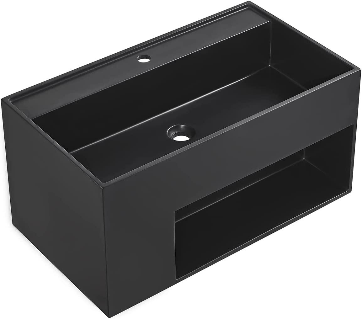 Serene Valley Bathroom Floating Vanity, 32" Wall-Mount Sink with Large Storage Space and Pop-up Strainer, Solid Surface Material in Matte Black, SVWS609-32BK