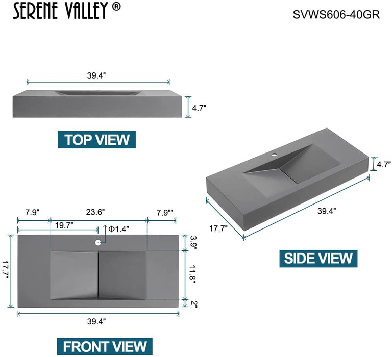 Serene Valley 40" Floating or Countertop Bathroom Sink, V-Shape Drain Design, Solid Surface Material in Matte Gray, SVWS606-40GR