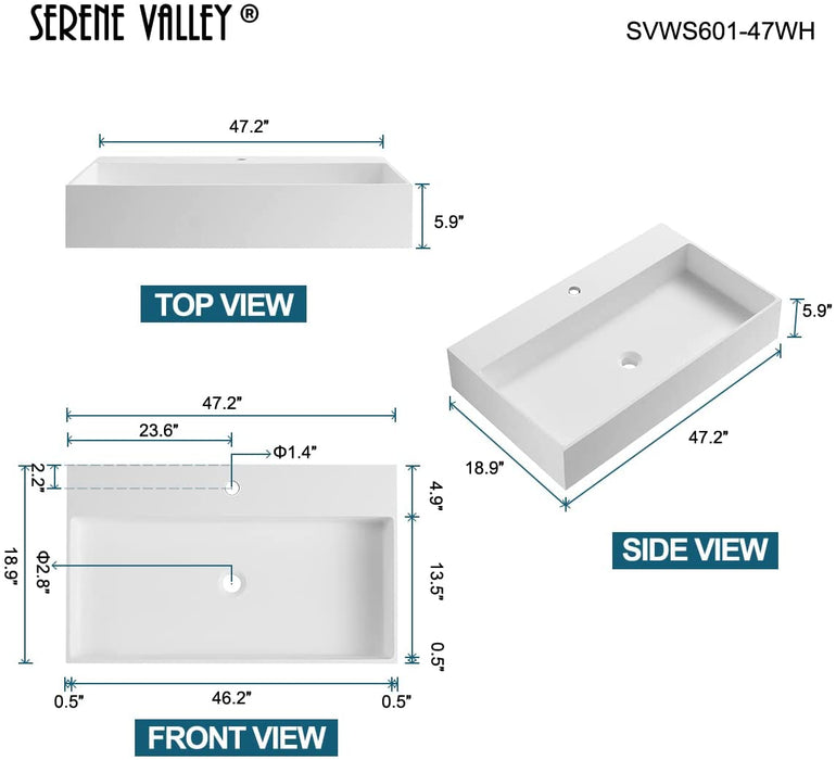 Serene Valley Bathroom Sink, Wall-Mount Install or On Countertop, 47" with Double Faucet Hole, Solid Surface Material for Max Elegance