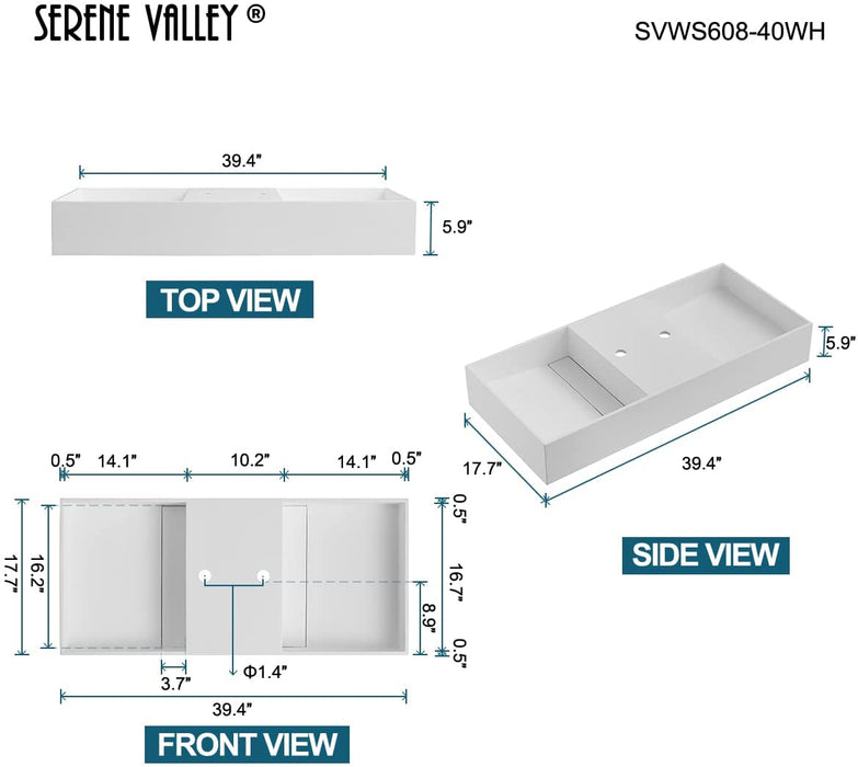 Serene Valley Floating or Countertop Bathroom Double Sink, Two Faucet Holes with Hidden Drain Design, 40" Solid Surface Material in Matte White, SVWS608-40WH