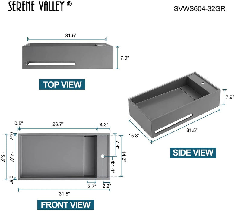 Serene Valley Bathroom Floating Sink, 32" Wall-Mount Sink with Built-in Towel Bar, Solid Surface Material in Matte Gray SVWS604-32GR