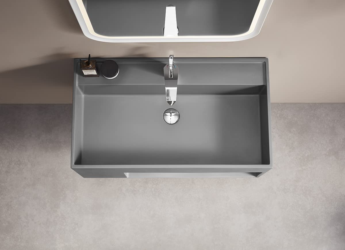 Serene Valley Bathroom Floating Vanity, 32" Wall-Mount Sink with Large Storage Space and Pop-Up Strainer, Solid Surface Material in Matte Gray, SVWS609-32GR