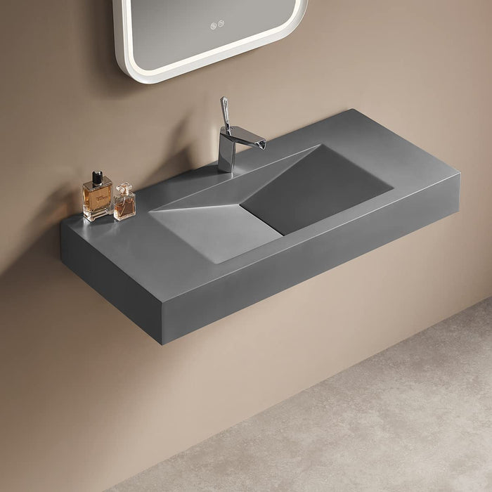 Serene Valley 47" Floating or Countertop Bathroom Sink, V-Shape Drain Design, Solid Surface Material in Matte Gray, SVWS606-47GR