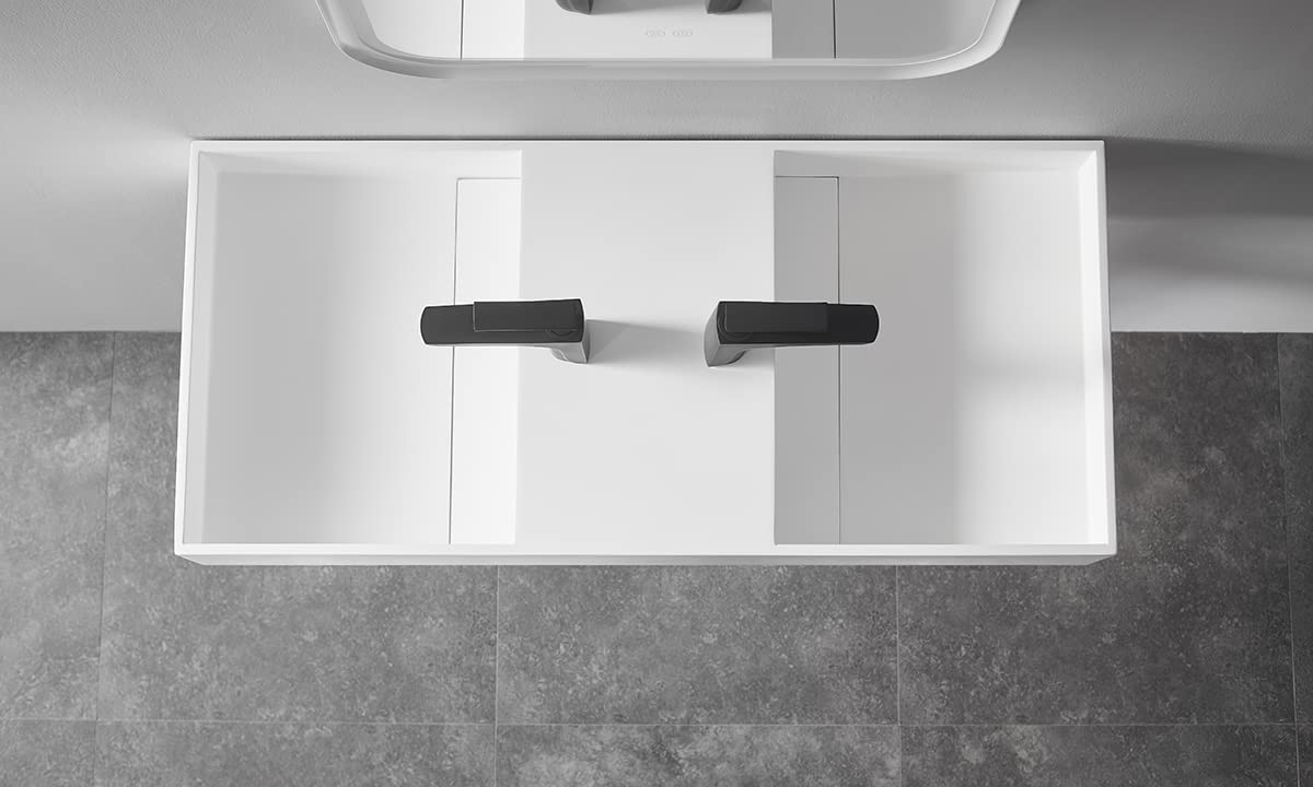 Serene Valley Floating or Countertop Bathroom Double Sink, Two Faucet Holes with Hidden Drain Design, 40" Solid Surface Material in Matte White, SVWS608-40WH