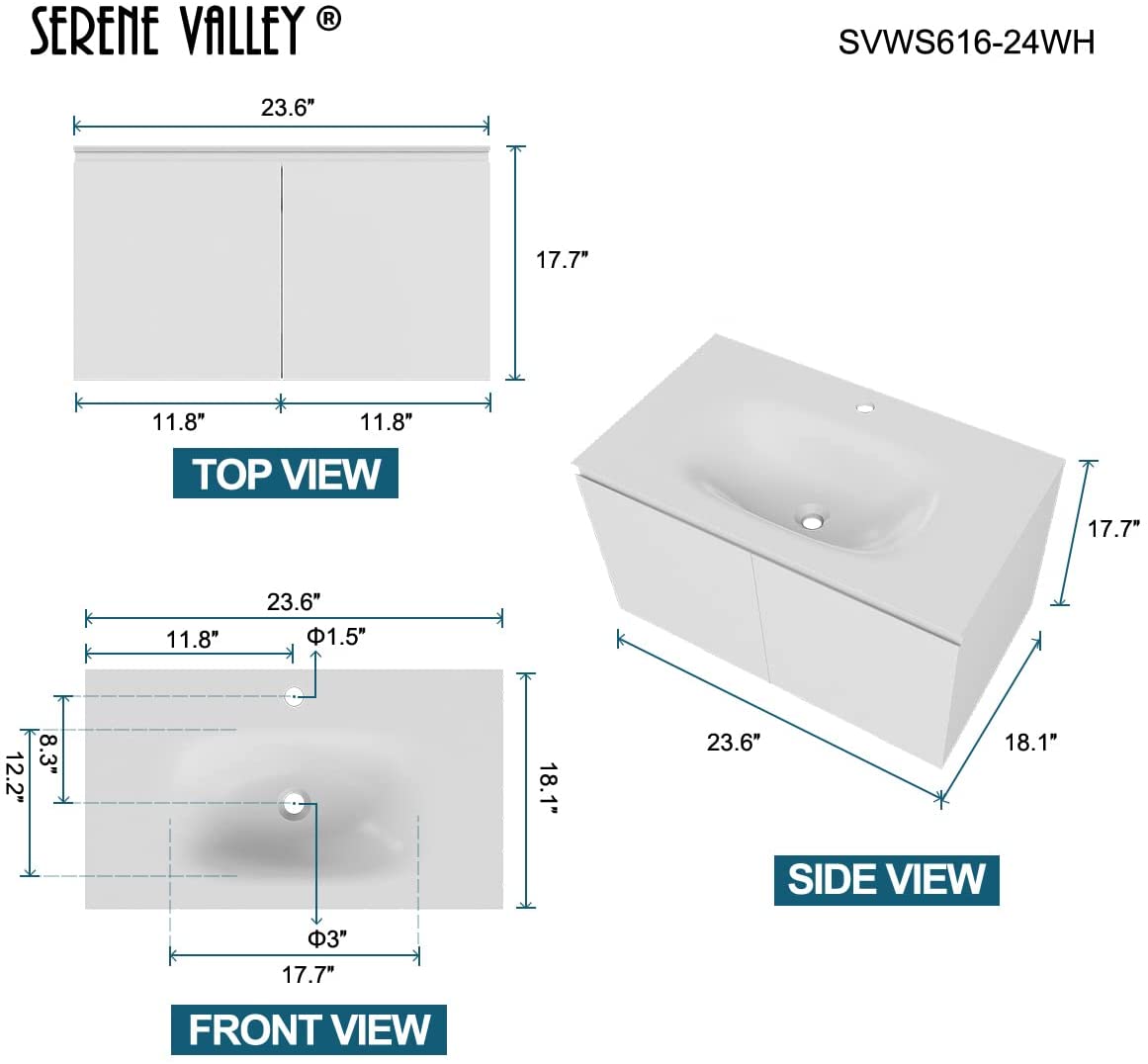 Serene Valley Bathroom Floating Vanity with Hinged Cabinet, Oval Sink Bowl with Matching Pop-Up Strainer, 34" Solid Surface Material in Matte White, SVWS616-24WH