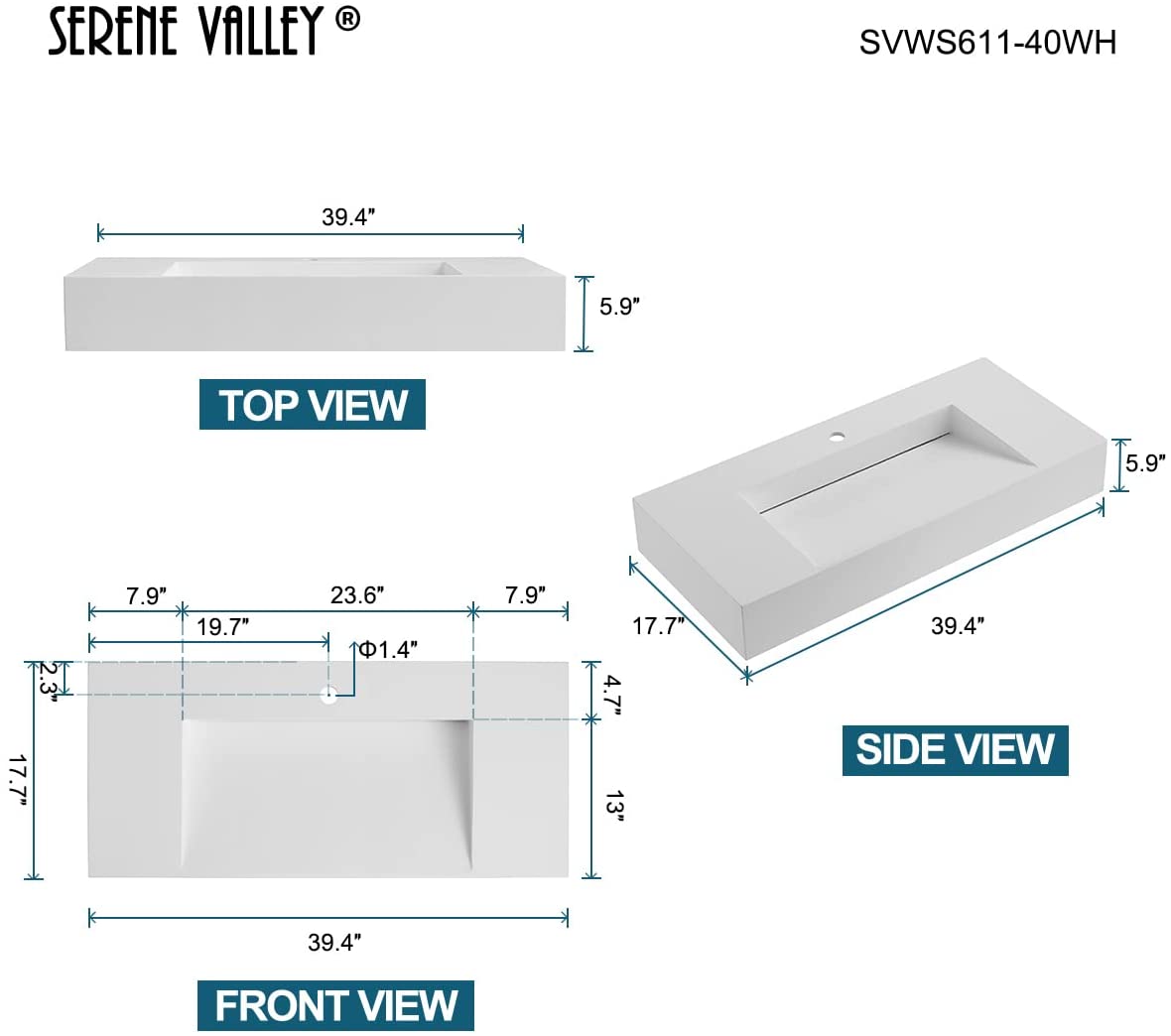 Serene Valley Floating or Countertop Bathroom Sink, Special Wedge with Hidden Drain Design, 40" Solid Surface Material in Matte White, SVWS611-40WH