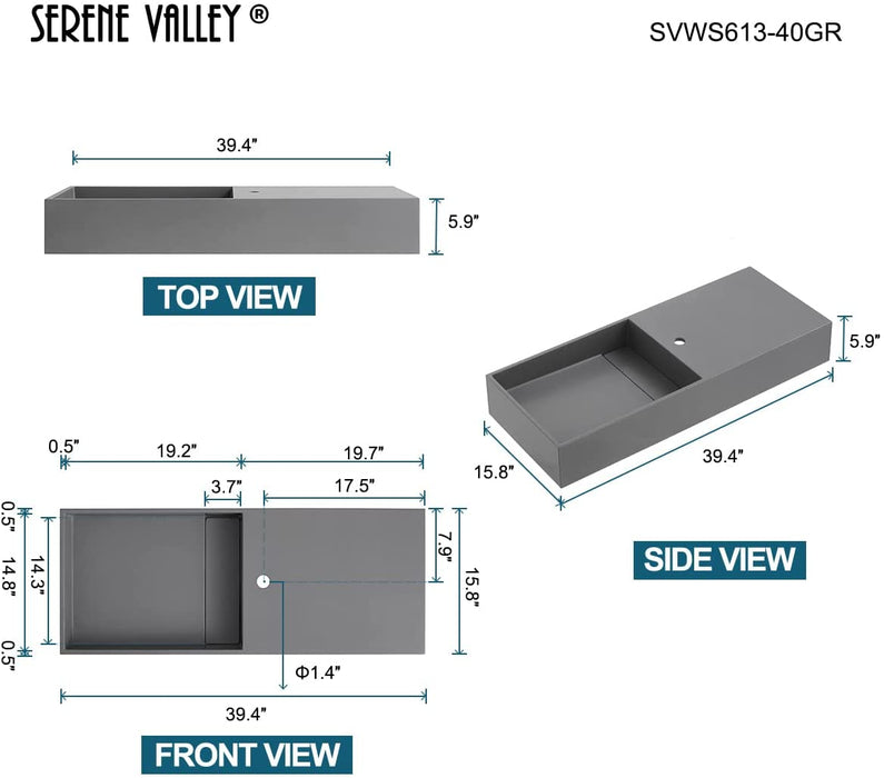 Serene Valley Floating or Countertop Bathroom Sink, Side Faucet with Square Sink and Hidden Drain, 40" Solid Surface Material in Matte Gray, SVWS613-40GR