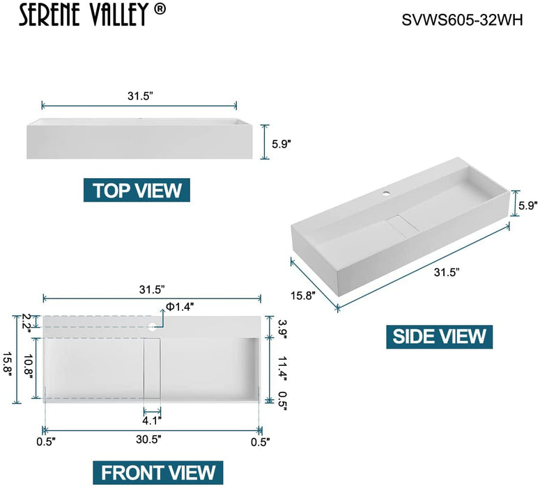 Serene Valley 32" Floating or Countertop Bathroom Sink, Single Faucet Holes with Hidden Drain, Solid Surface Material in Matte White, SVWS605-32WH