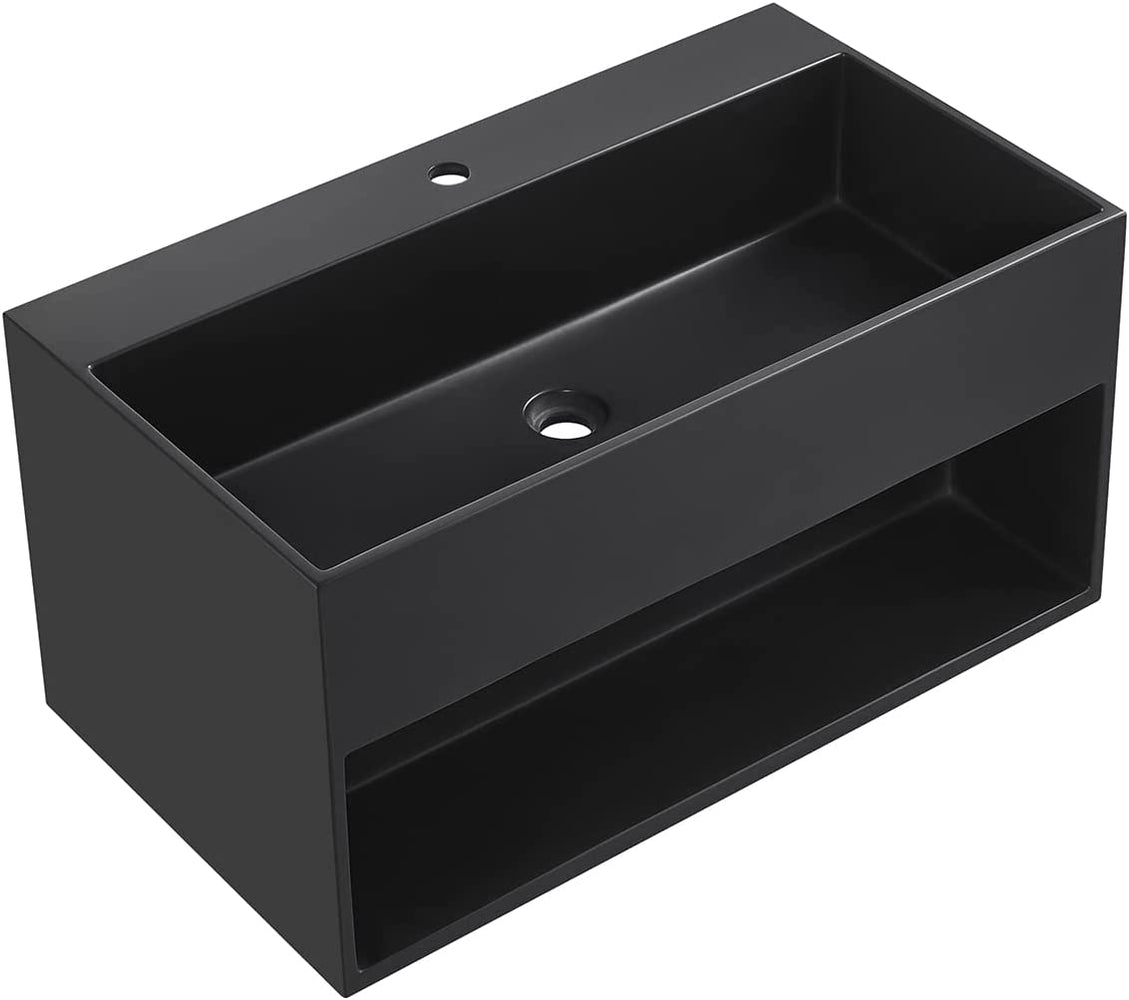 Serene Valley Bathroom Floating Vanity, 24" Wall-Mount Sink with Built-in Towel Space, Solid Surface Material in Matte Black, SVWS607-24BK