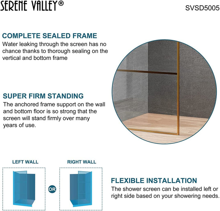 Serene Valley Stand-Alone Shower Screen SVSD5005-3474BG, 3/8" Tempered Glass with Easy-Clean Coating, Premium 304 Stainless Steel Construction with Reversible Installation, Brushed Gold Finish