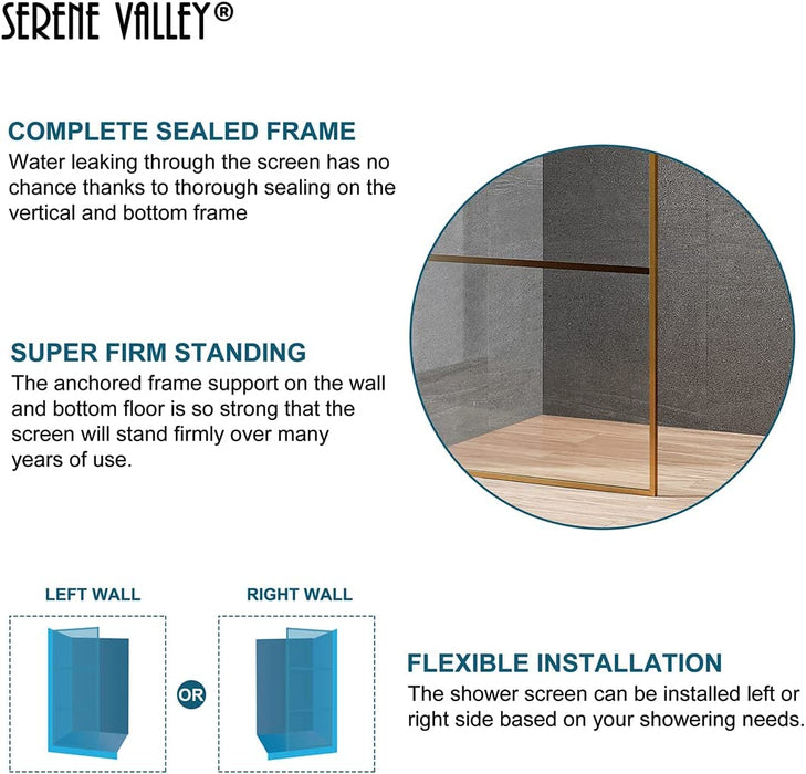 Serene Valley Stand-Alone Shower Screen SVSD5006-3474BG, 3/8" Tempered Glass with Easy-Clean Coating, Premium 304 Stainless Steel Construction with Reversible Installation, Brushed Gold Finish