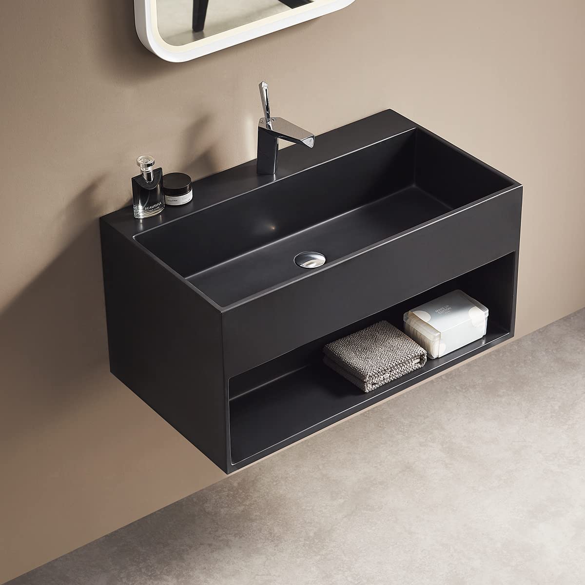 Serene Valley Bathroom Floating Vanity, 24" Wall-Mount Sink with Built-in Towel Space, Solid Surface Material in Matte Black, SVWS607-24BK