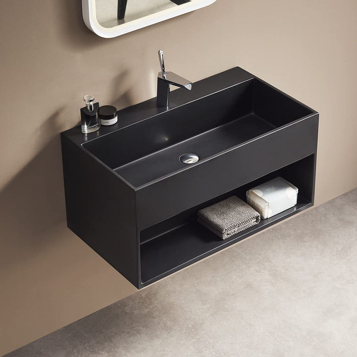 Serene Valley Bathroom Floating Vanity, 32" Wall-Mount Sink with Built-in Towel Space, Solid Surface Material in Matte Black, SVWS607-32BK