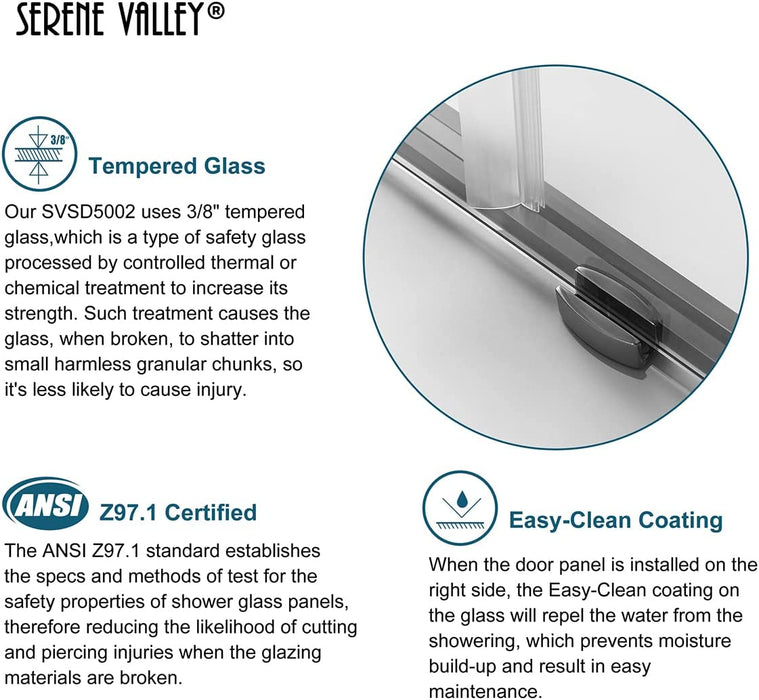 Serene Valley SVSD5002-6876MB Big Roller Frameless Sliding Shower Door - Superclear 3/8" Tempered Glass - 304 Stainless Steel Hardware in Matte Black 64"- 68"W x 76"H