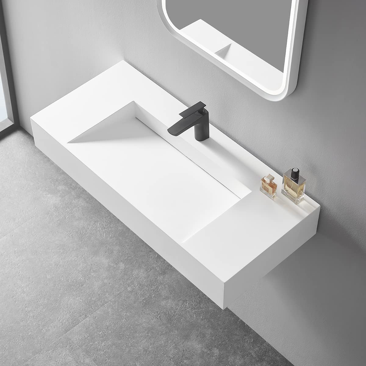 Serene Valley Floating or Countertop Bathroom Sink, Special Wedge with Hidden Drain Design, 40" Solid Surface Material in Matte White, SVWS611-40WH