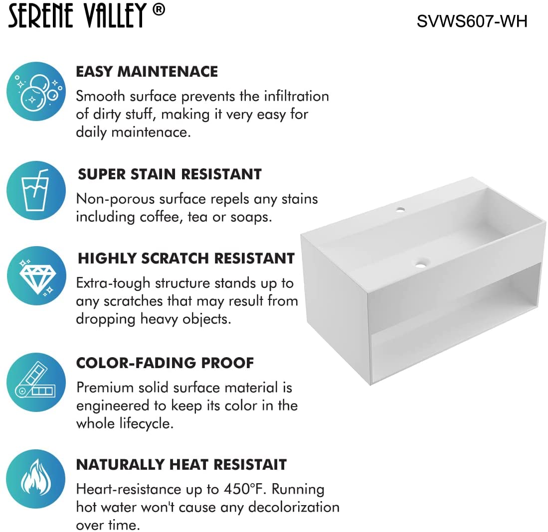 Serene Valley Bathroom Floating Vanity, 32" Wall-Mount Sink with Built-in Towel Space, Solid Surface Material in Matte White, SVWS607-32WH