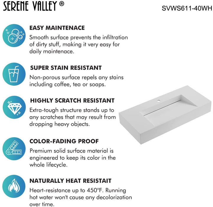 Serene Valley Floating or Countertop Bathroom Sink, Special Wedge with Hidden Drain Design, 40" Solid Surface Material in Matte White, SVWS611-40WH
