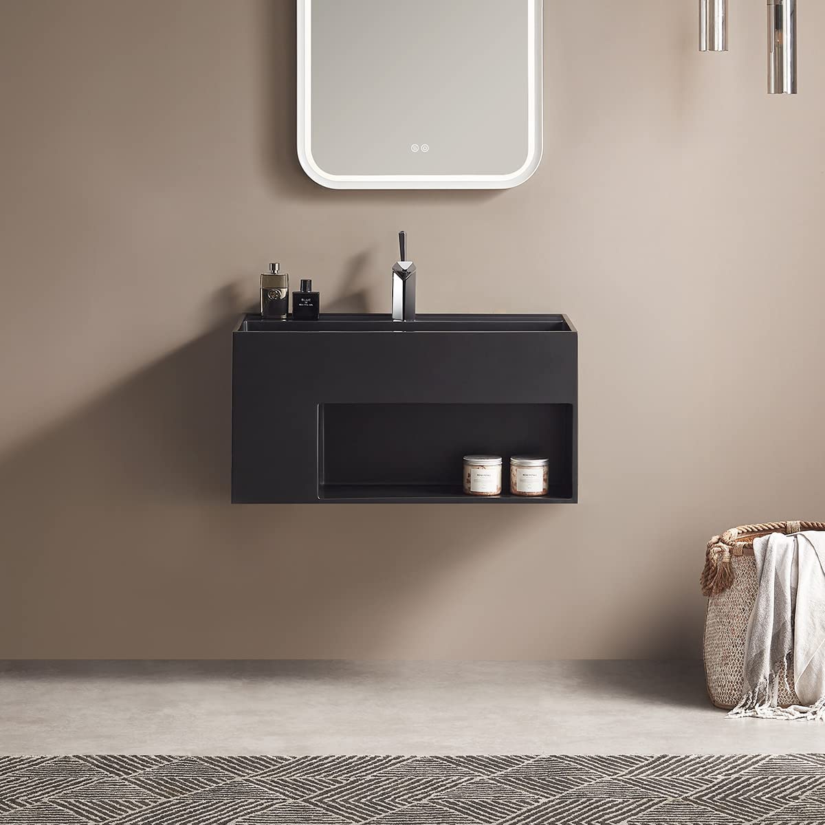 Serene Valley Bathroom Floating Vanity, 32" Wall-Mount Sink with Large Storage Space and Pop-up Strainer, Solid Surface Material in Matte Black, SVWS609-32BK