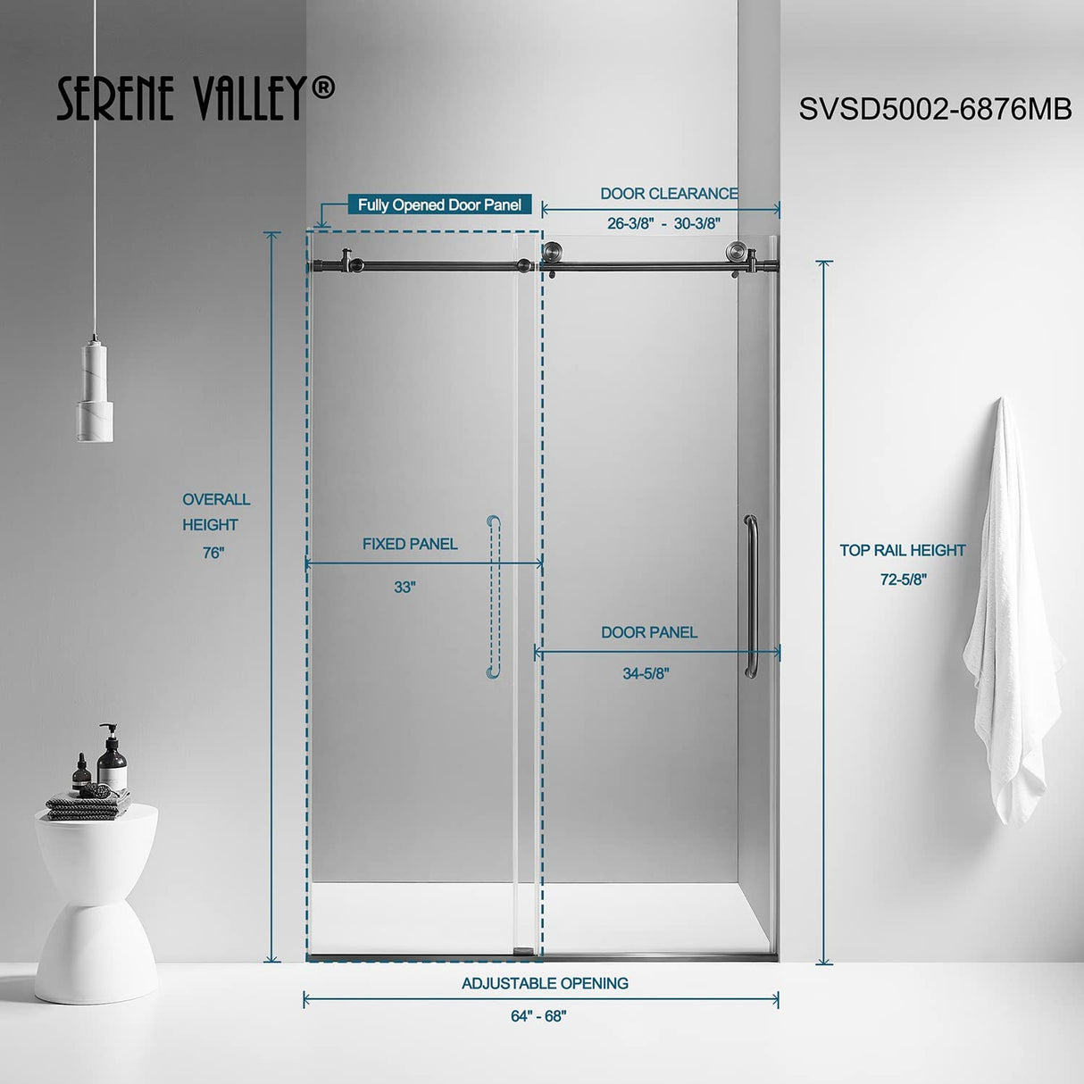 Serene Valley SVSD5002-6876MB Big Roller Frameless Sliding Shower Door - Superclear 3/8" Tempered Glass - 304 Stainless Steel Hardware in Matte Black 64"- 68"W x 76"H