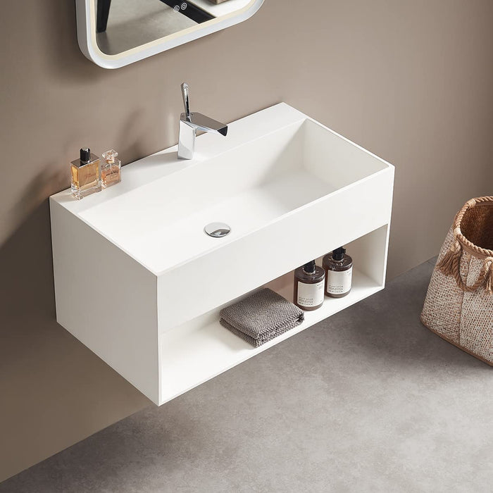 Serene Valley Bathroom Floating Vanity, 32" Wall-Mount Sink with Built-in Towel Space, Solid Surface Material in Matte White, SVWS607-32WH