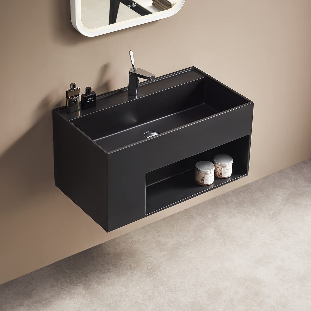 Serene Valley Bathroom Floating Vanity, 32" Wall-Mount Sink with Large Storage Space and Pop-up Strainer, Solid Surface Material in Matte Black, SVWS609-32BK