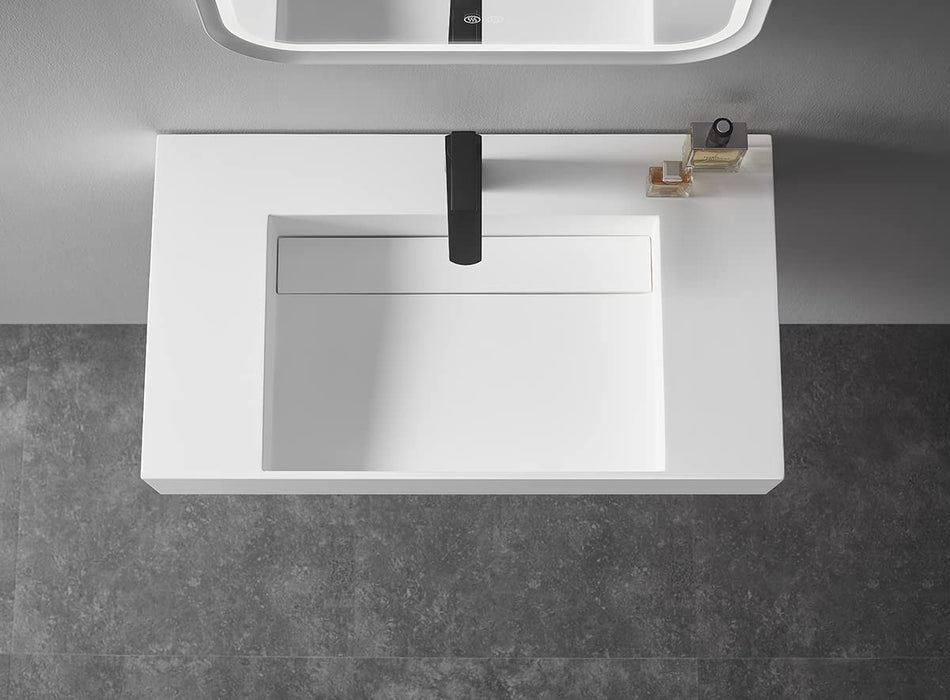 Serene Valley Floating or Countertop Bathroom Sink, Classic Square Sink with Hidden Drain Design, 40" Solid Surface Material in Matte White, SVWS612-40WH