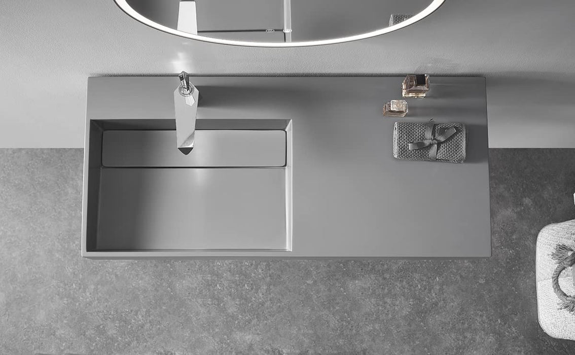 Serene Valley Floating or Countertop Bathroom Sink, Large Square Sink with Hidden Drain, 40" Solid Surface Material in Matte Gray, SVWS614-40GR