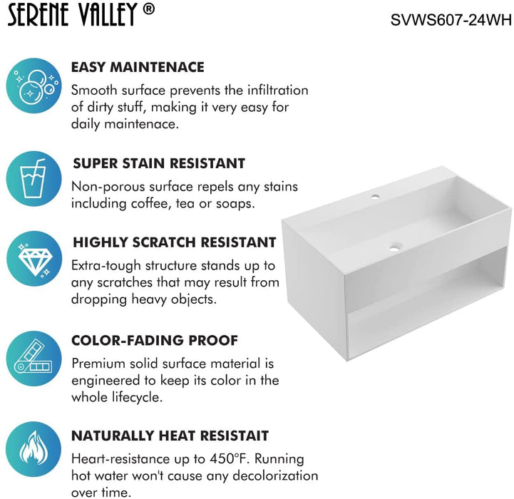 Serene Valley Bathroom Floating Vanity, 24" Wall-Mount Sink with Built-in Towel Space, Solid Surface Material in Matte White, SVWS607-24WH