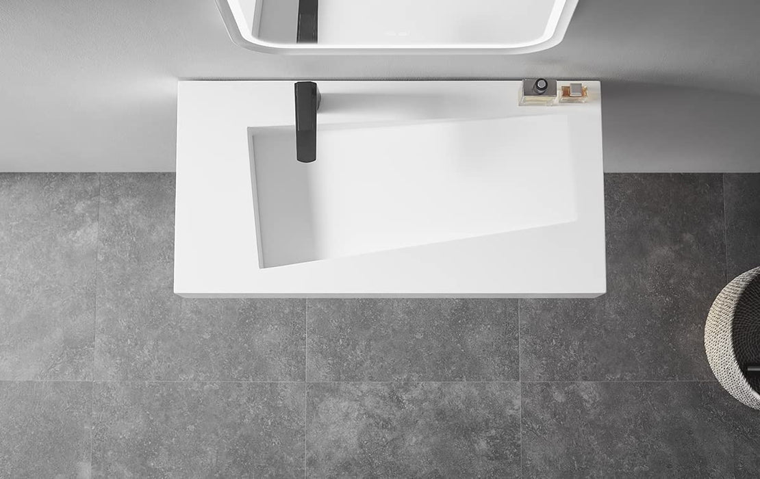 Serene Valley Floating or Countertop Bathroom Sink, Unique Diamond Sink with Hidden Drain, 36" Solid Surface Material in Matte White, SVWS610-36WH