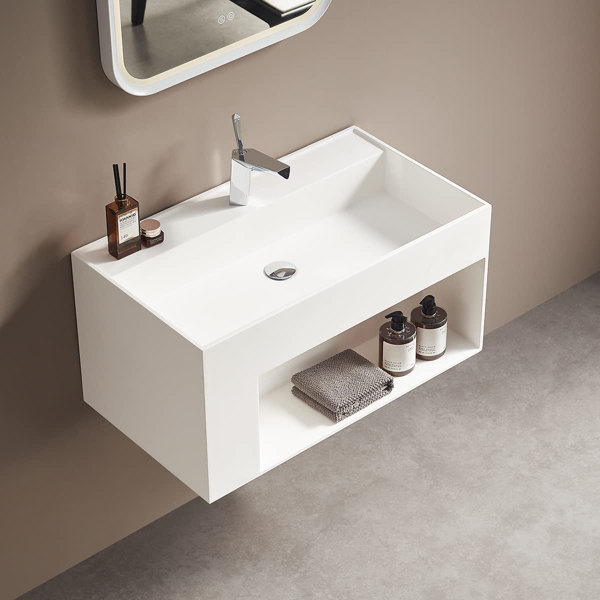 Serene Valley Bathroom Floating Vanity, 32" Wall-Mount Sink with Large Storage Space and Pop-up Strainer, Solid Surface Material in Matte White, SVWS609-32WH