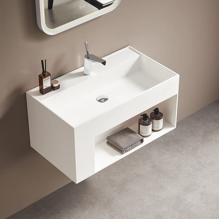 Serene Valley Bathroom Floating Vanity, 40" Wall-Mount Sink with Large Storage Space and Pop-Up Strainer, Solid Surface Material in Matte White, SVWS609-40WH