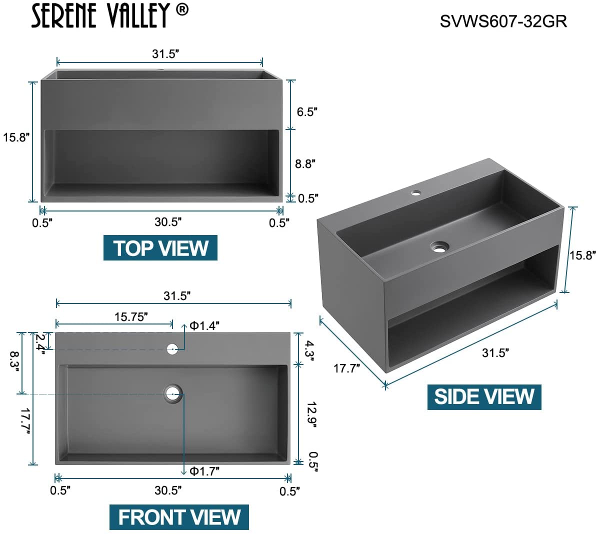 Serene Valley Bathroom Floating Vanity, 32" Wall-Mount Sink with Built-in Towel Space, Solid Surface Material in Matte Gray, SVWS607-32GR