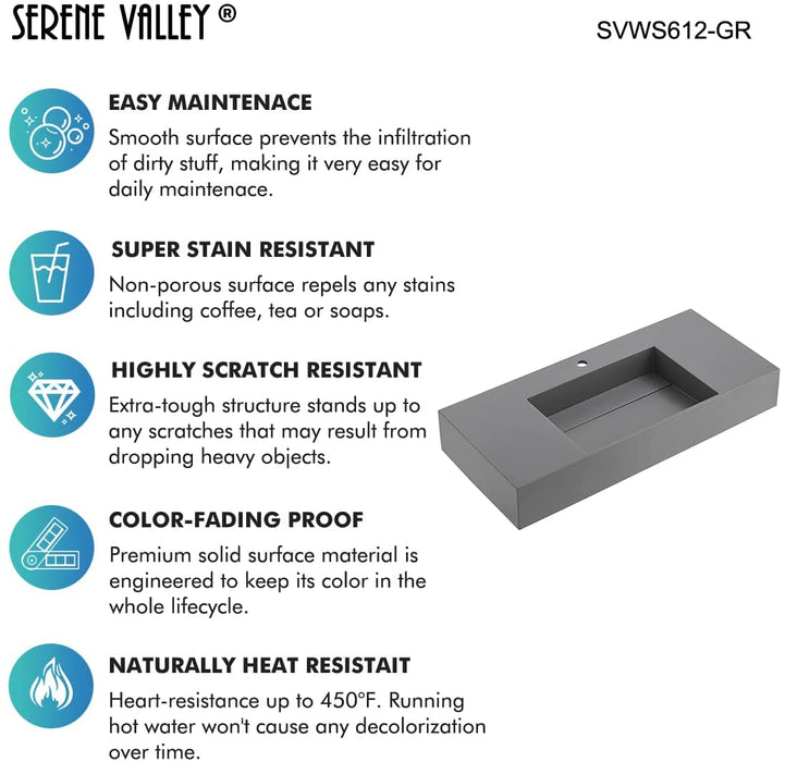 Serene Valley Floating or Countertop Bathroom Sink, Classic Square Sink with Hidden Drain Design, 40" Solid Surface Material in Matte GR, SVWS612-40GR