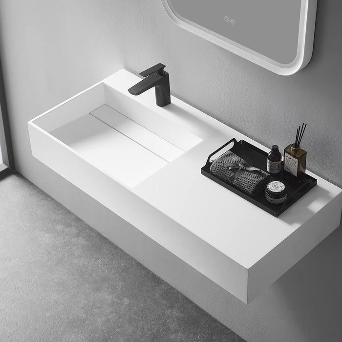 Serene Valley Floating or Countertop Bathroom Sink, Large Square Sink with Hidden Drain, 40" Solid Surface Material in Matte White, SVWS614-40WH
