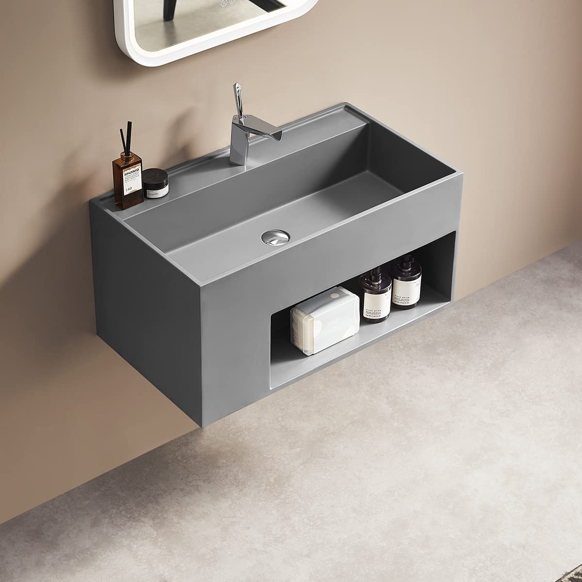 Serene Valley Bathroom Floating Vanity, 32" Wall-Mount Sink with Large Storage Space and Pop-Up Strainer, Solid Surface Material in Matte Gray, SVWS609-32GR