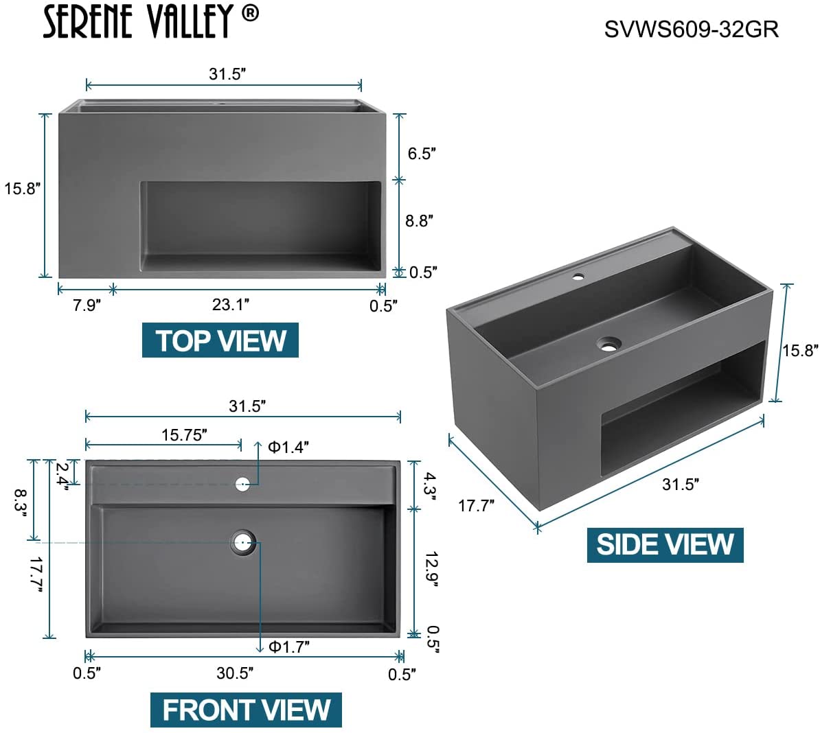 Serene Valley Bathroom Floating Vanity, 32" Wall-Mount Sink with Large Storage Space and Pop-Up Strainer, Solid Surface Material in Matte Gray, SVWS609-32GR