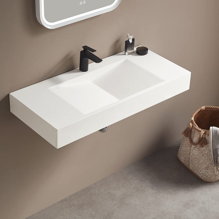 Serene Valley 36" Floating or Countertop Bathroom Sink, V-Shape Drain Design, Solid Surface Material in Matte White, SVWS606-36WH