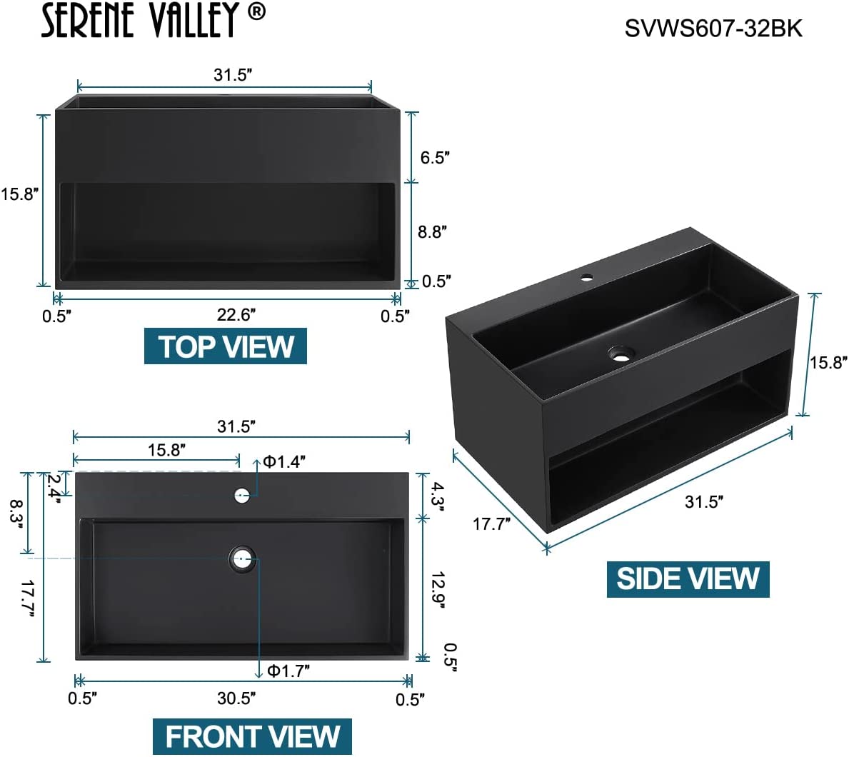 Serene Valley Bathroom Floating Vanity, 32" Wall-Mount Sink with Built-in Towel Space, Solid Surface Material in Matte Black, SVWS607-32BK