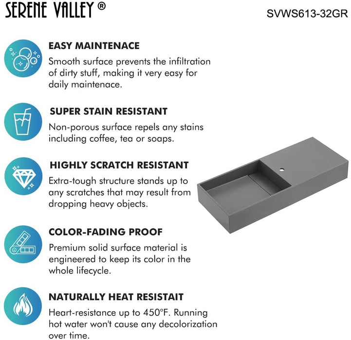 Serene Valley Floating or Countertop Bathroom Sink, Side Faucet with Square Sink and Hidden Drain, 32" Solid Surface Material in Matte Gray, SVWS613-32GR