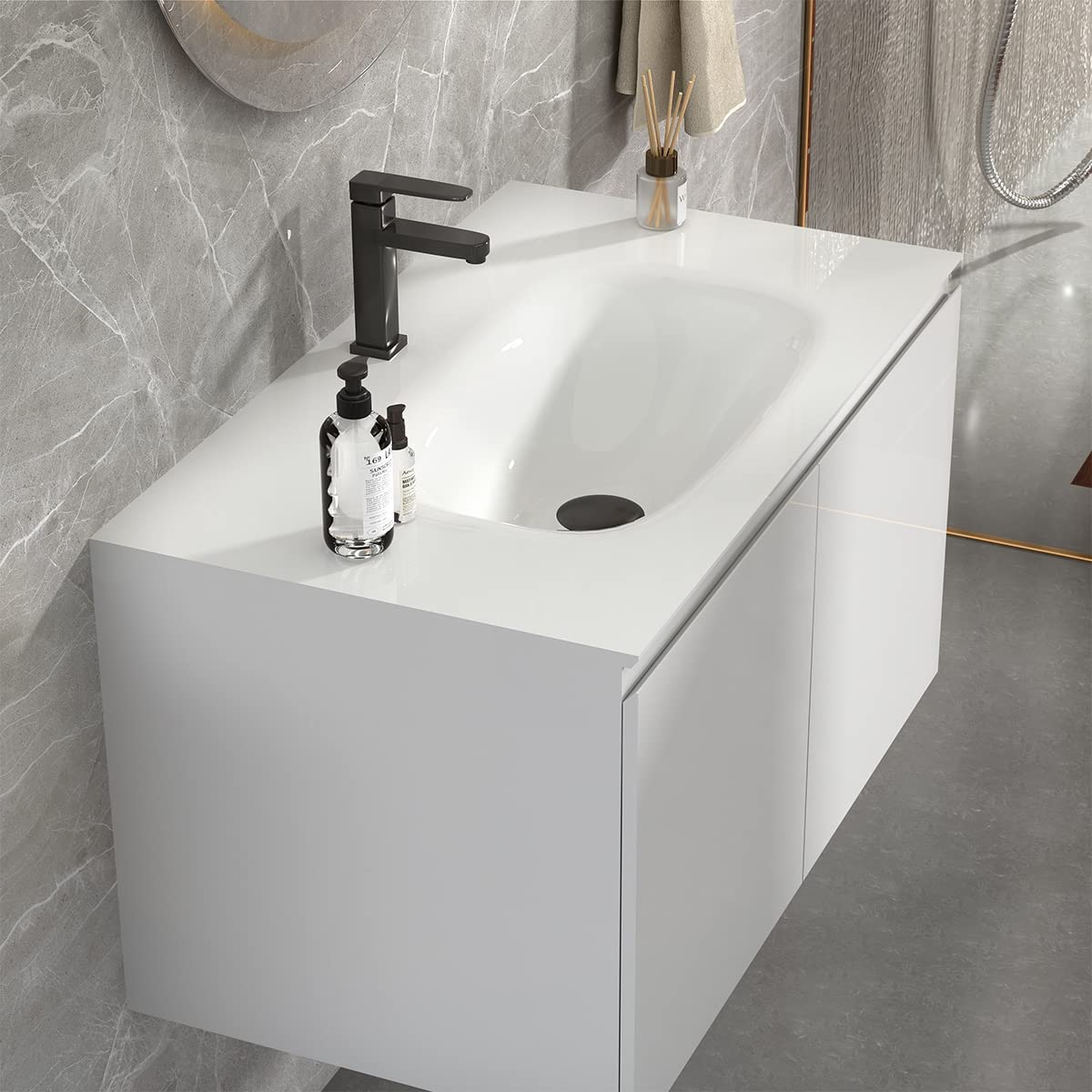 Serene Valley Bathroom Floating Vanity with Hinged Cabinet, Oval Sink Bowl with Matching Pop-Up Strainer, 34" Solid Surface Material in Matte White, SVWS616-24WH