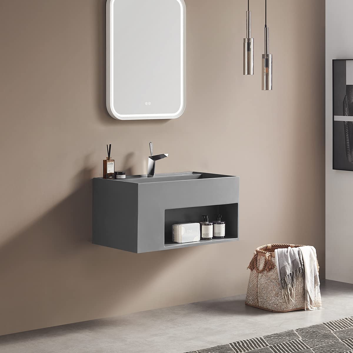 Serene Valley Bathroom Floating Vanity, 32" Wall-Mount Sink with Large Storage Space and Pop-Up Strainer, Solid Surface Material in Matte Gray, SVWS609-32GR