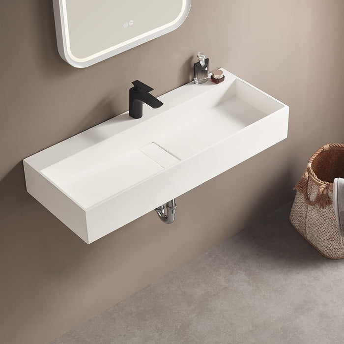 Serene Valley 32" Floating or Countertop Bathroom Sink, Single Faucet Holes with Hidden Drain, Solid Surface Material in Matte White, SVWS605-32WH