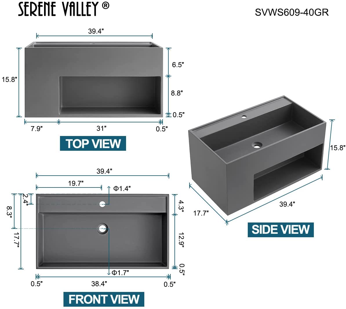 Serene Valley Bathroom Floating Vanity, 40" Wall-Mount Sink with Large Storage Space and Pop-Up Strainer, Solid Surface Material in Matte Gray, SVWS609-40GR