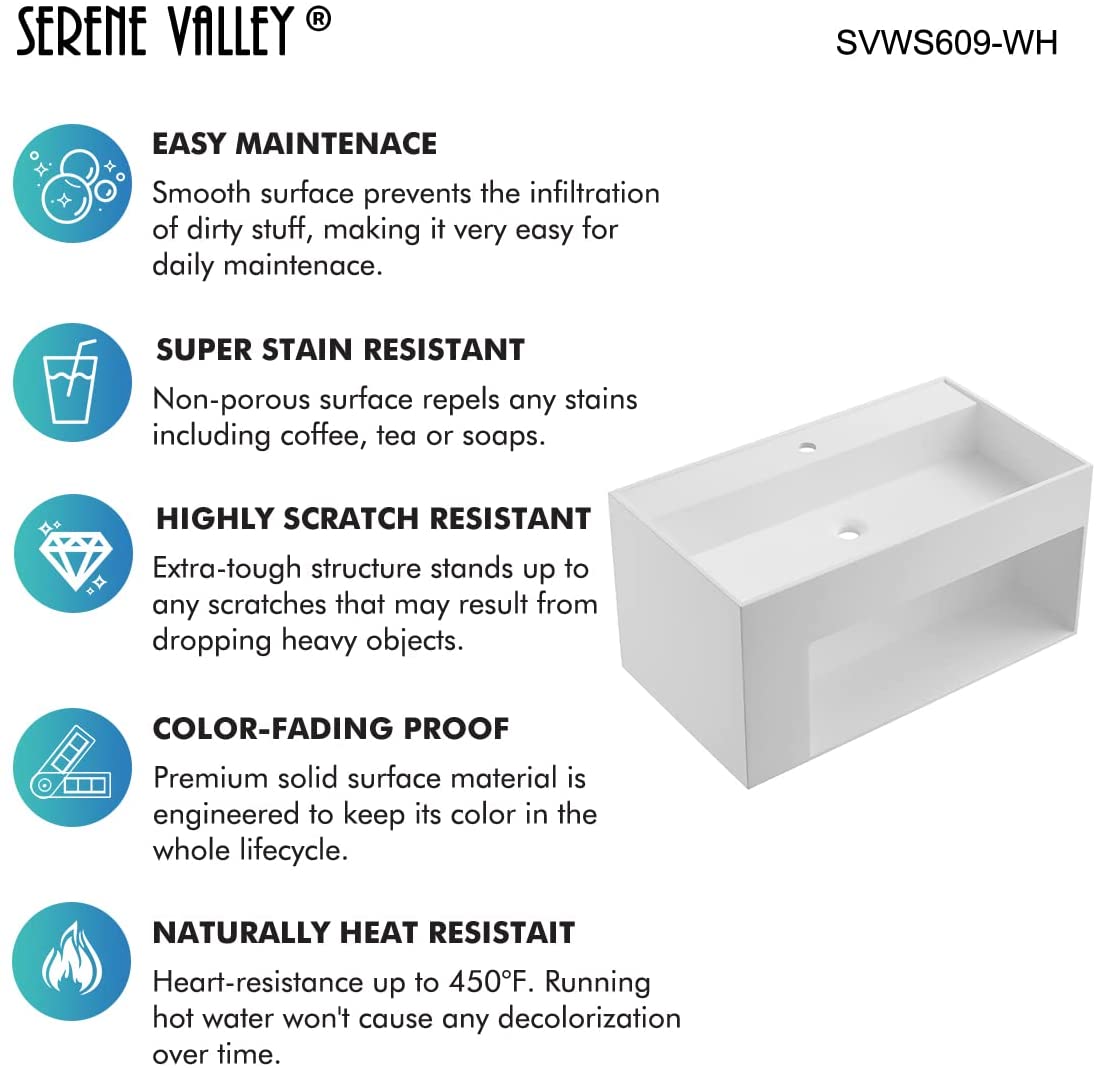 Serene Valley Bathroom Floating Vanity, 40" Wall-Mount Sink with Large Storage Space and Pop-Up Strainer, Solid Surface Material in Matte White, SVWS609-40WH