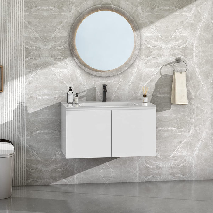 Serene Valley Bathroom Floating Vanity with Hinged Cabinet, Oval Sink Bowl with Matching Pop-Up Strainer, 32" Solid Surface Material in Matte White, SVWS616-32WH