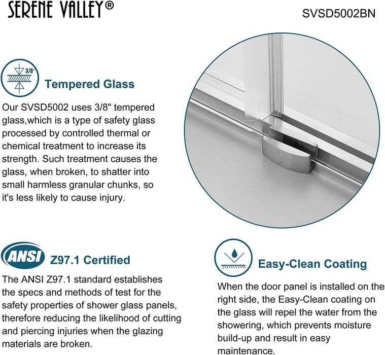Serene Valley SVSD5002-4876BN Big Roller Frameless Sliding Shower Door - Superclear 3/8" Tempered Glass - 304 Stainless Steel Hardware in Brushed Nickel 44"- 48"W x 76"H