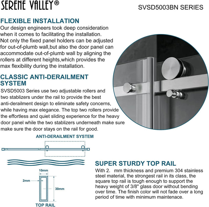 Serene Valley Square Rail Frameless Sliding Shower Door SVSD5003-4874BN, Easy-Clean Coating 3/8" Tempered Glass - 304 Stainless Steel Hardware in Brushed Nickel 44"- 48"W x 74"H